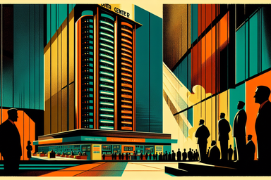 Stylized cityscape with a tall building, figures