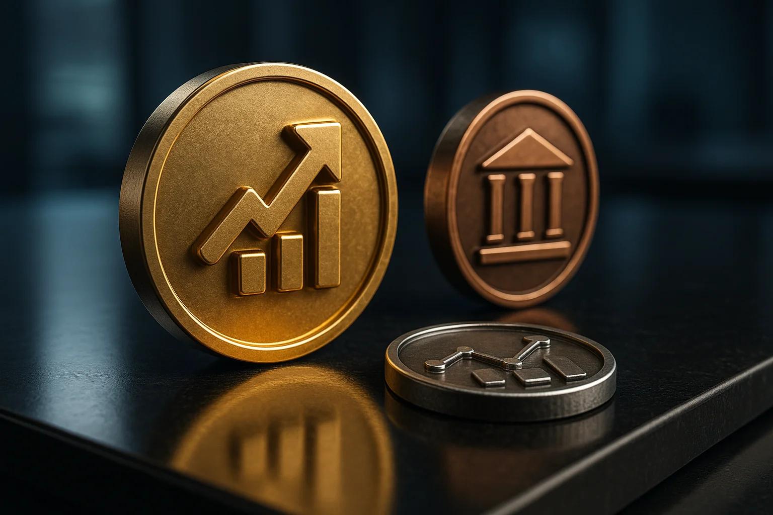 Three coins with different designs on a dark