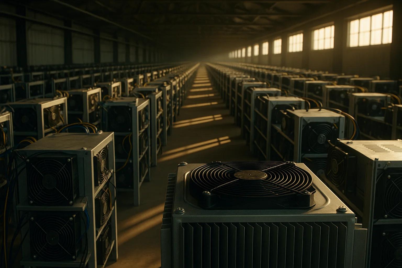 Rows of mining machines in a dimly lit warehouse