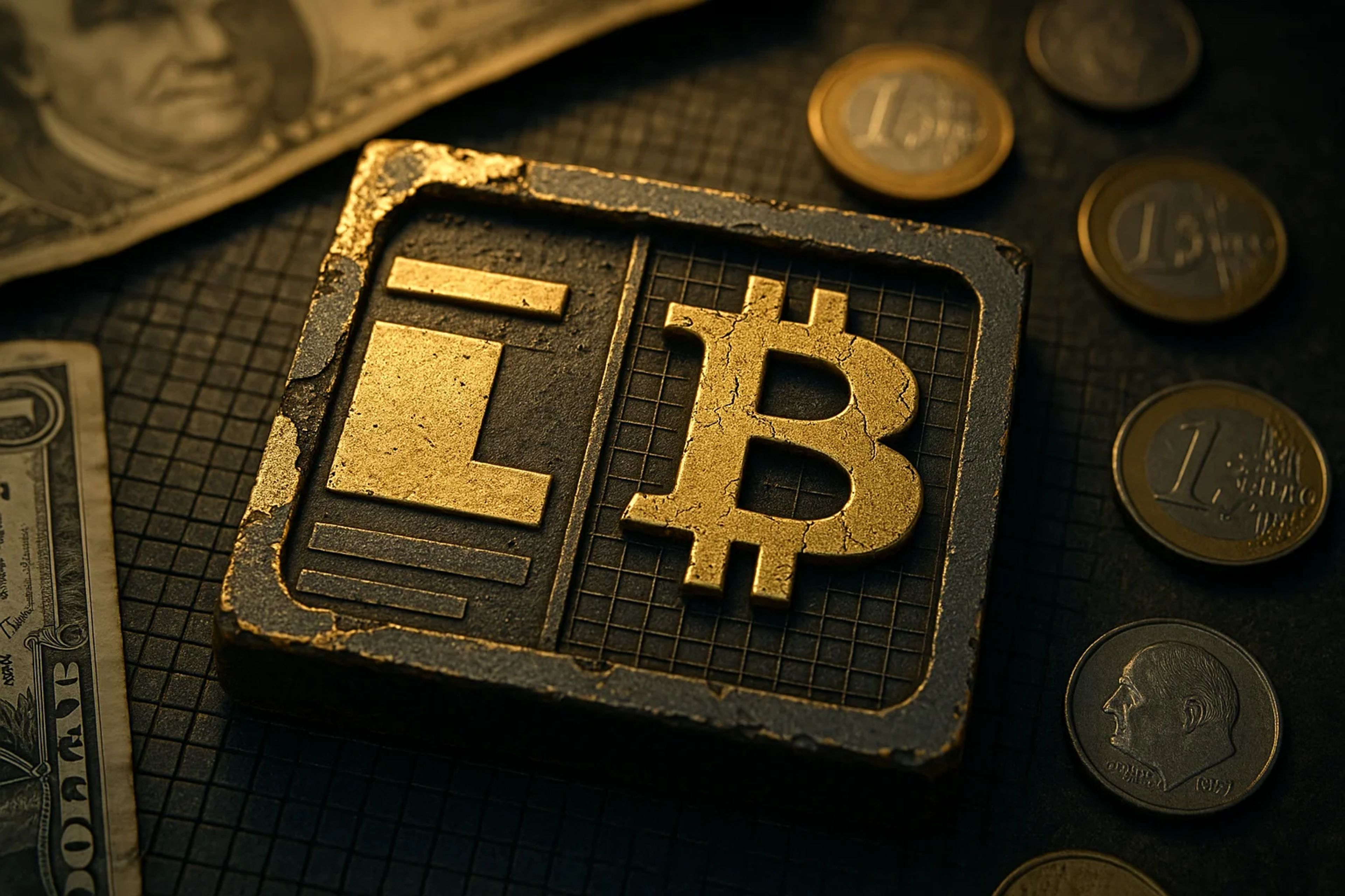 Golden Bitcoin symbol on a textured surface with