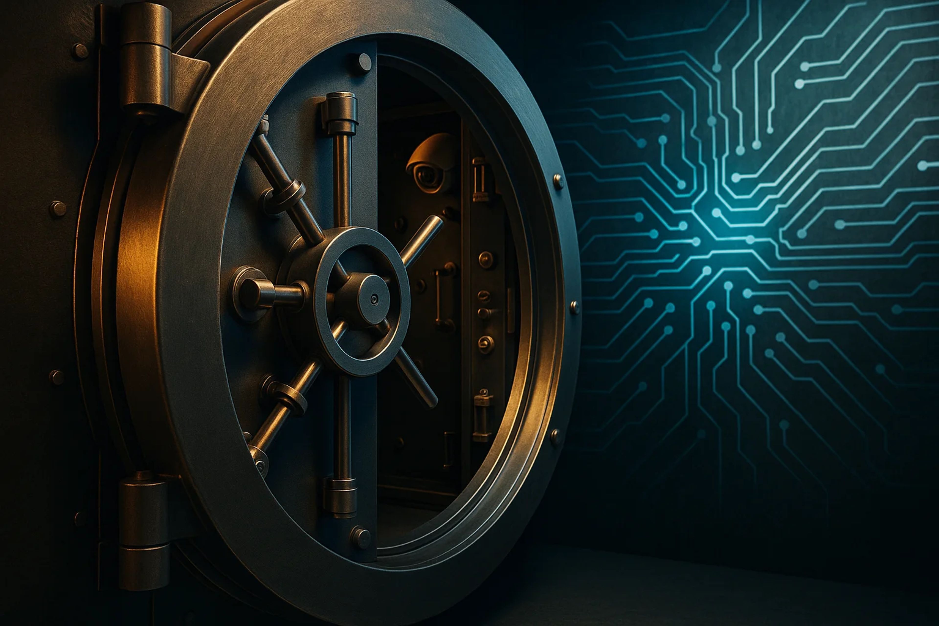 A metallic vault door with a circular lock, set