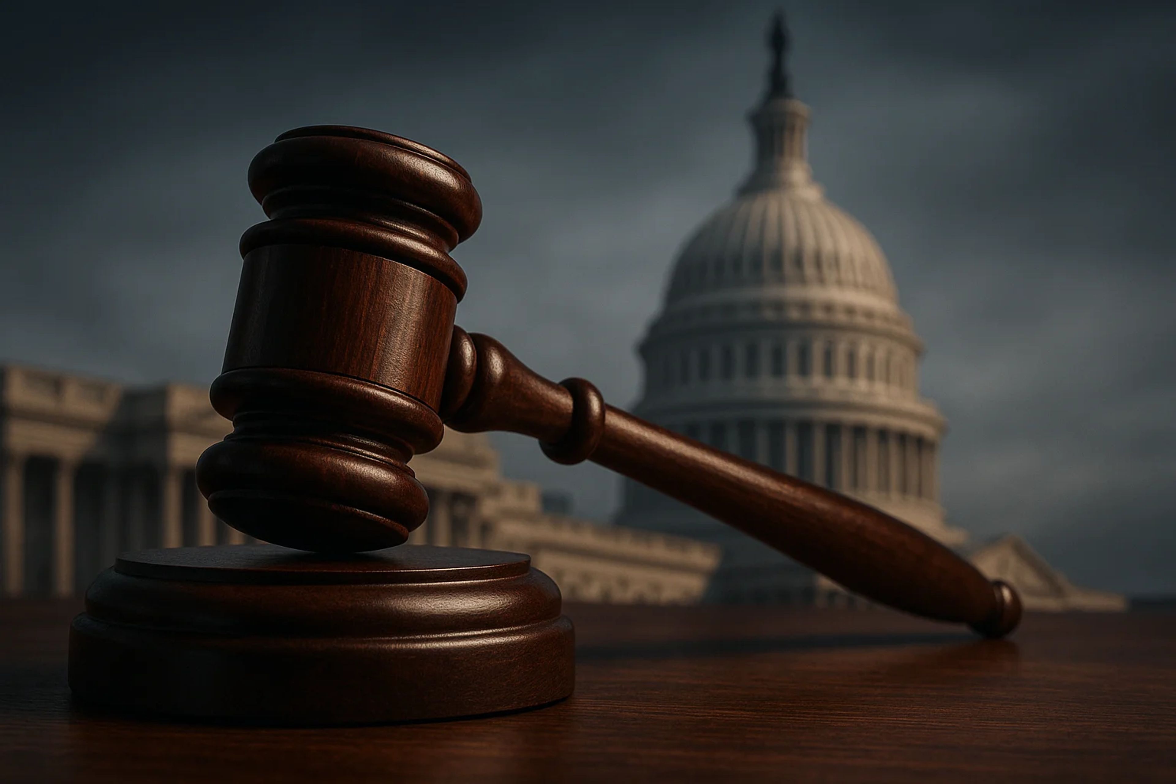 Wooden gavel in foreground with a blurred Capitol