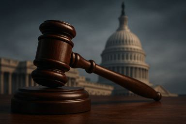 Wooden gavel in foreground with a blurred Capitol