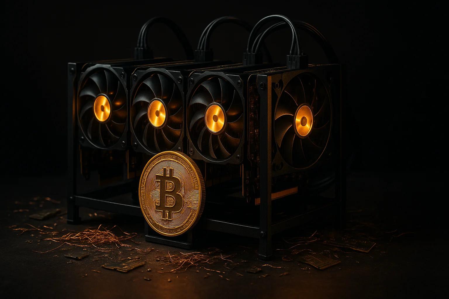 A cryptocurrency mining rig with three fans and a