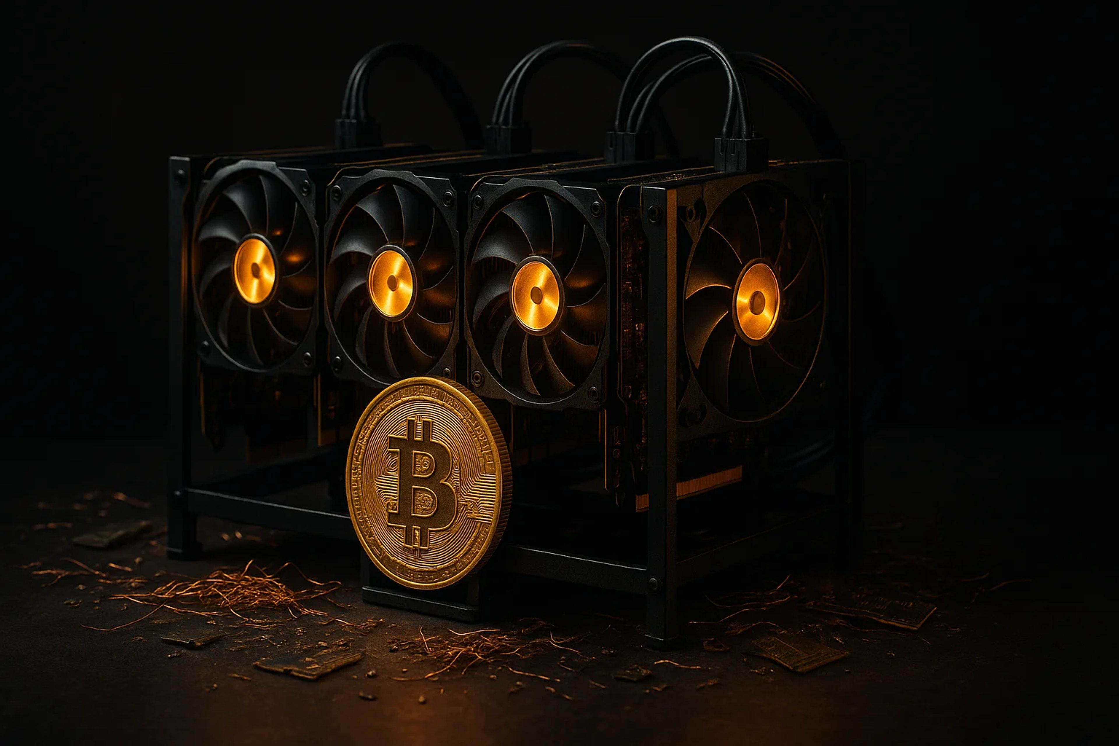 A cryptocurrency mining rig with three fans and a