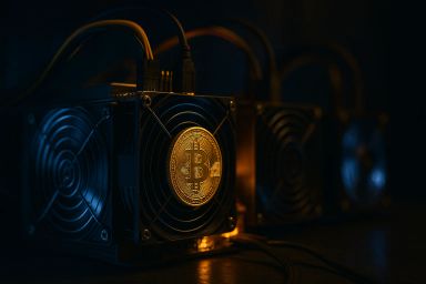 Three Bitcoin mining machines with glowing fans