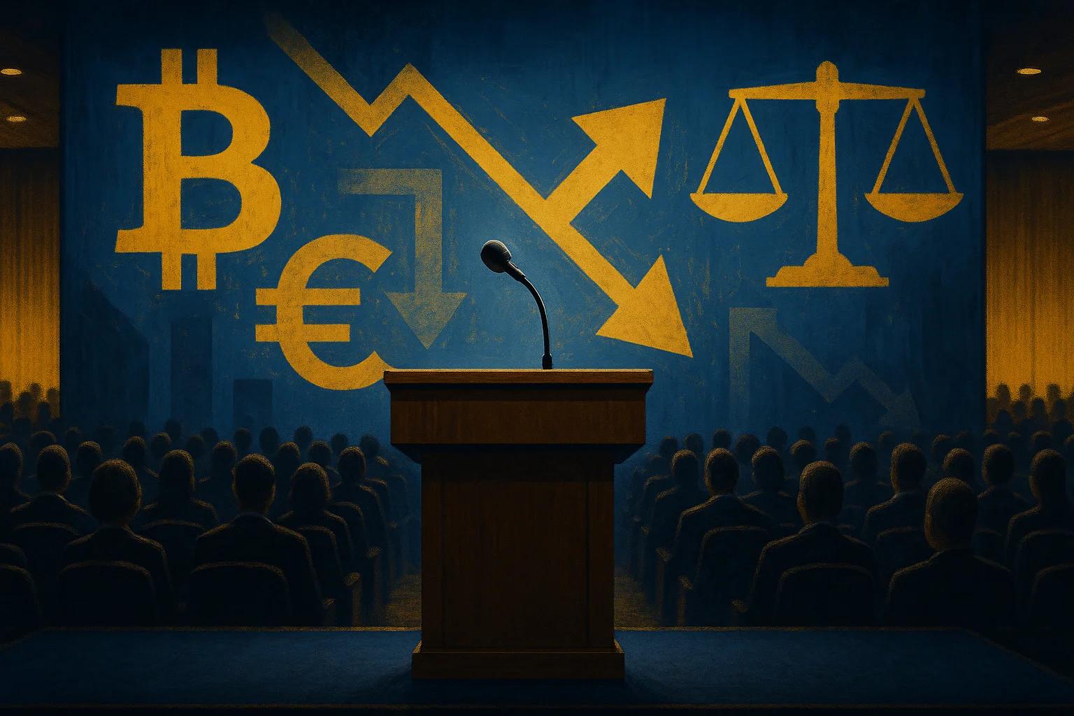 A podium in front of a dark blue backdrop