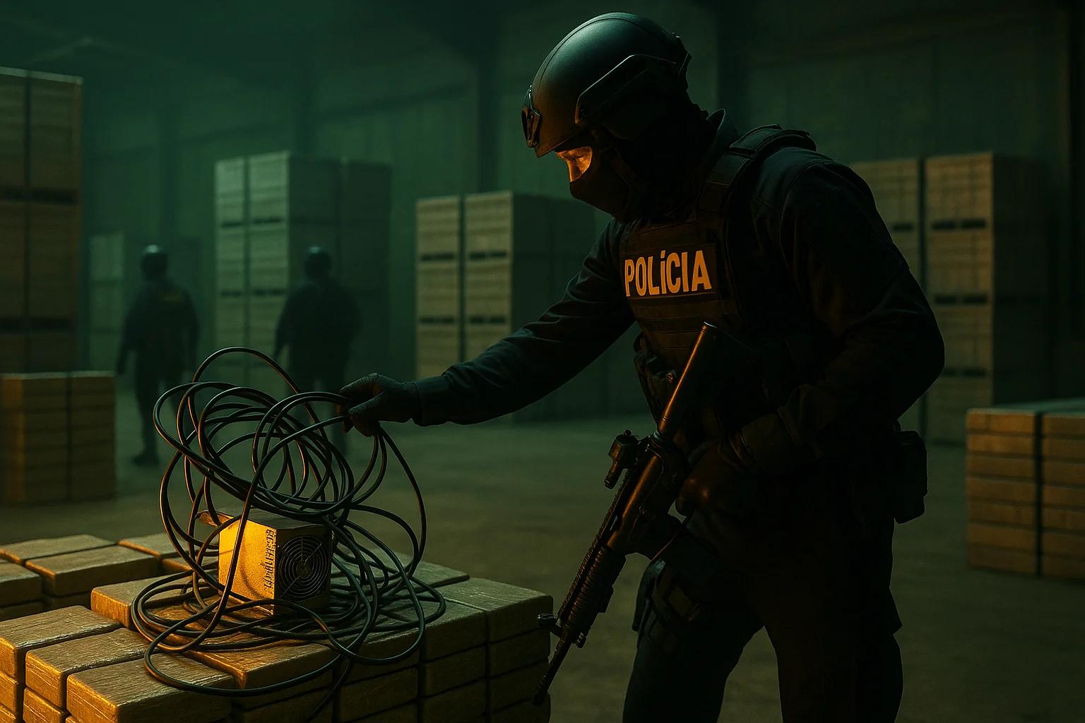 A masked police officer examines a device