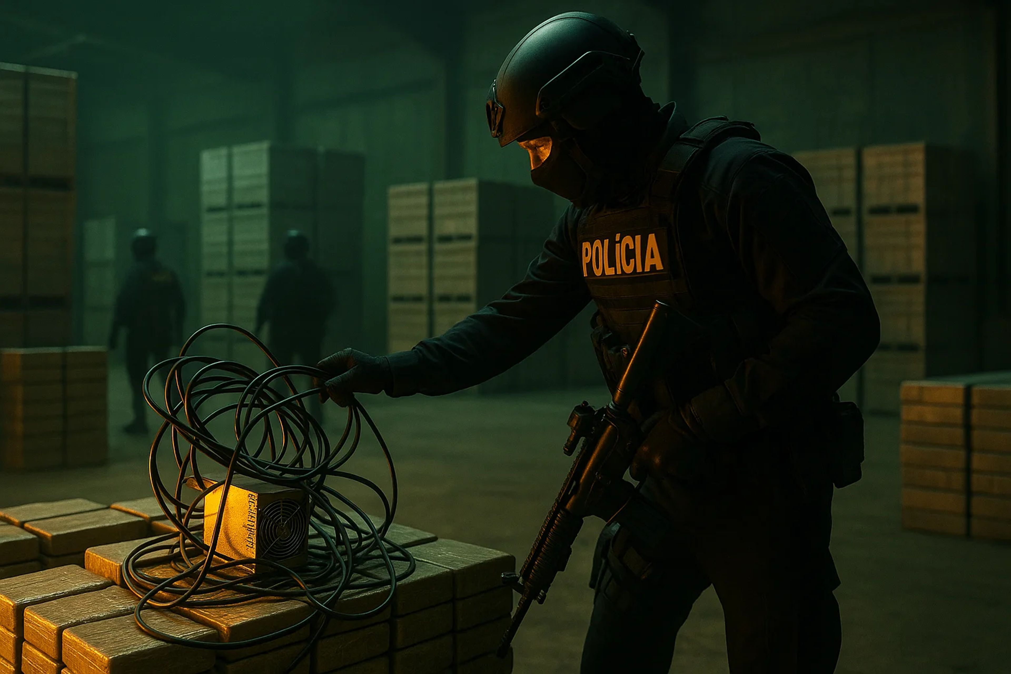 A masked police officer examines a device