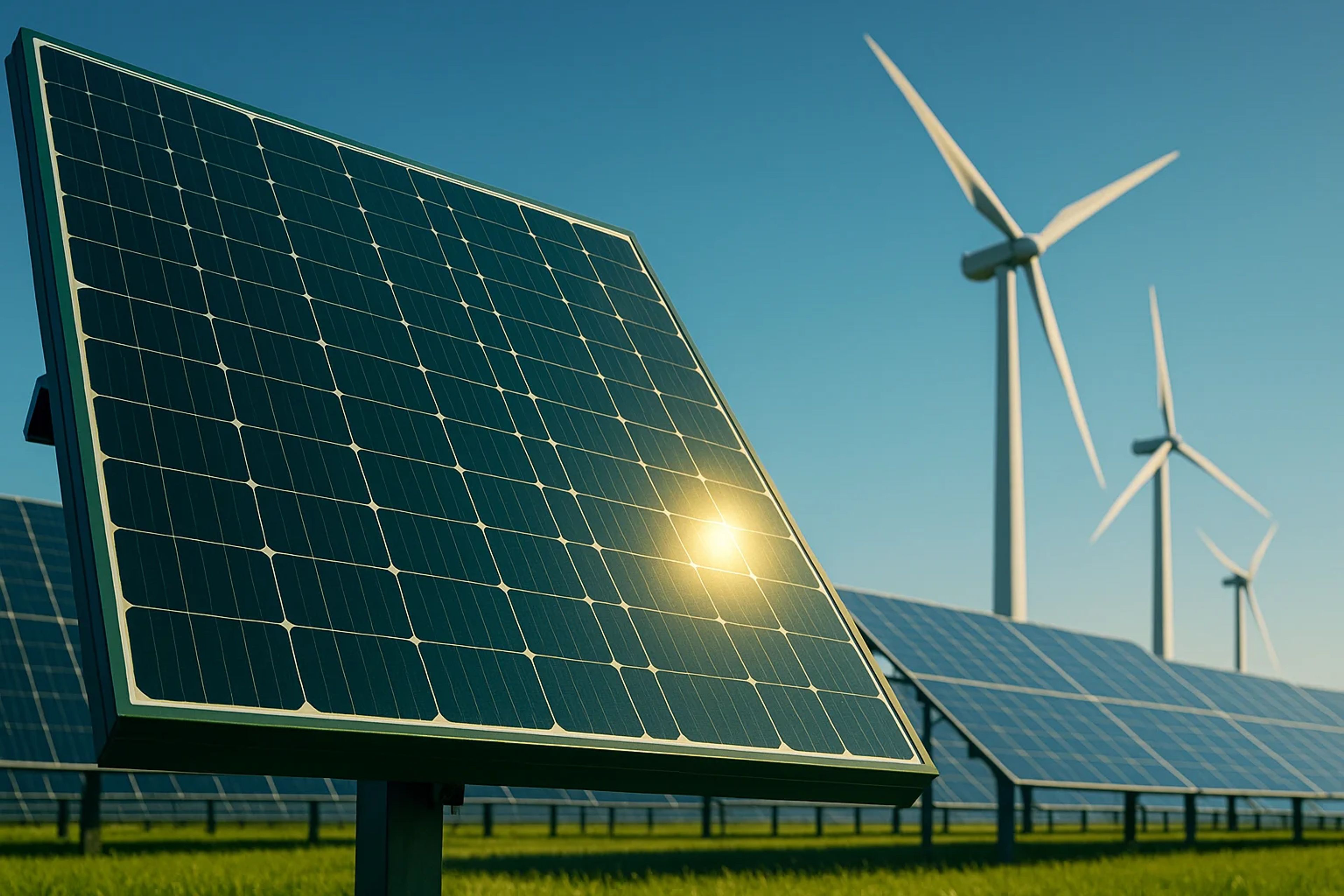 Solar panels in the foreground with wind turbines