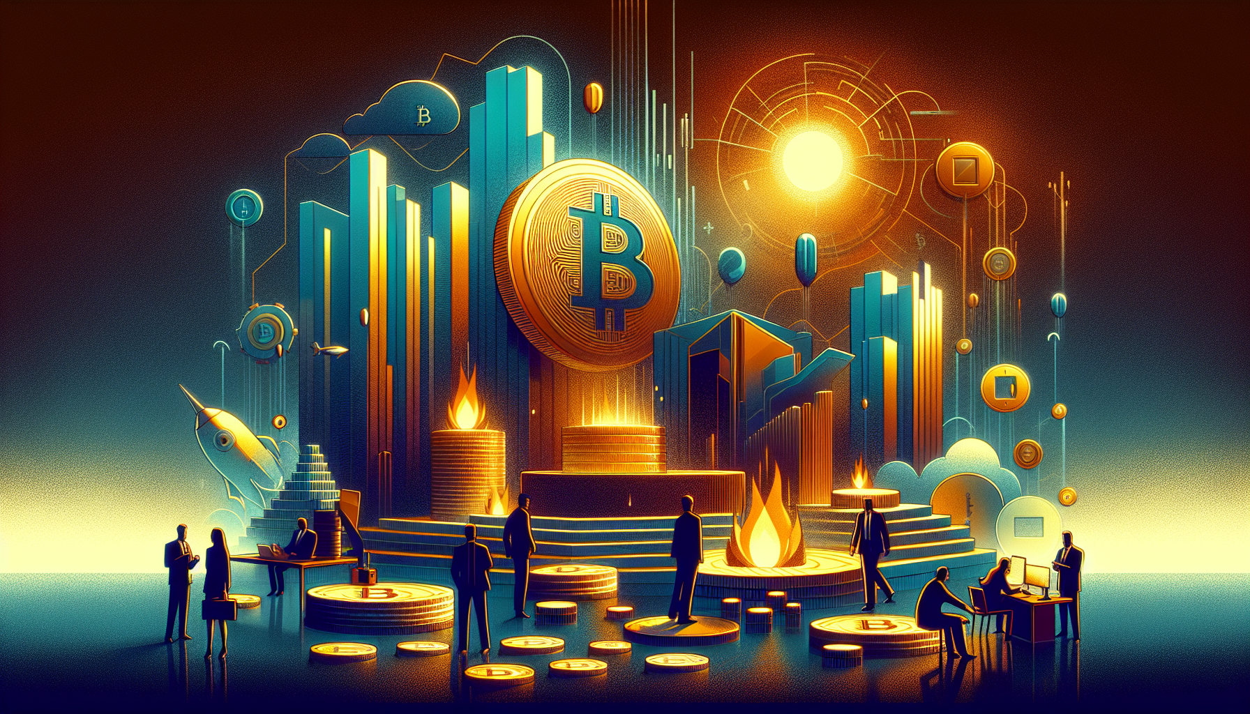 A stylized digital scene featuring large Bitcoin
