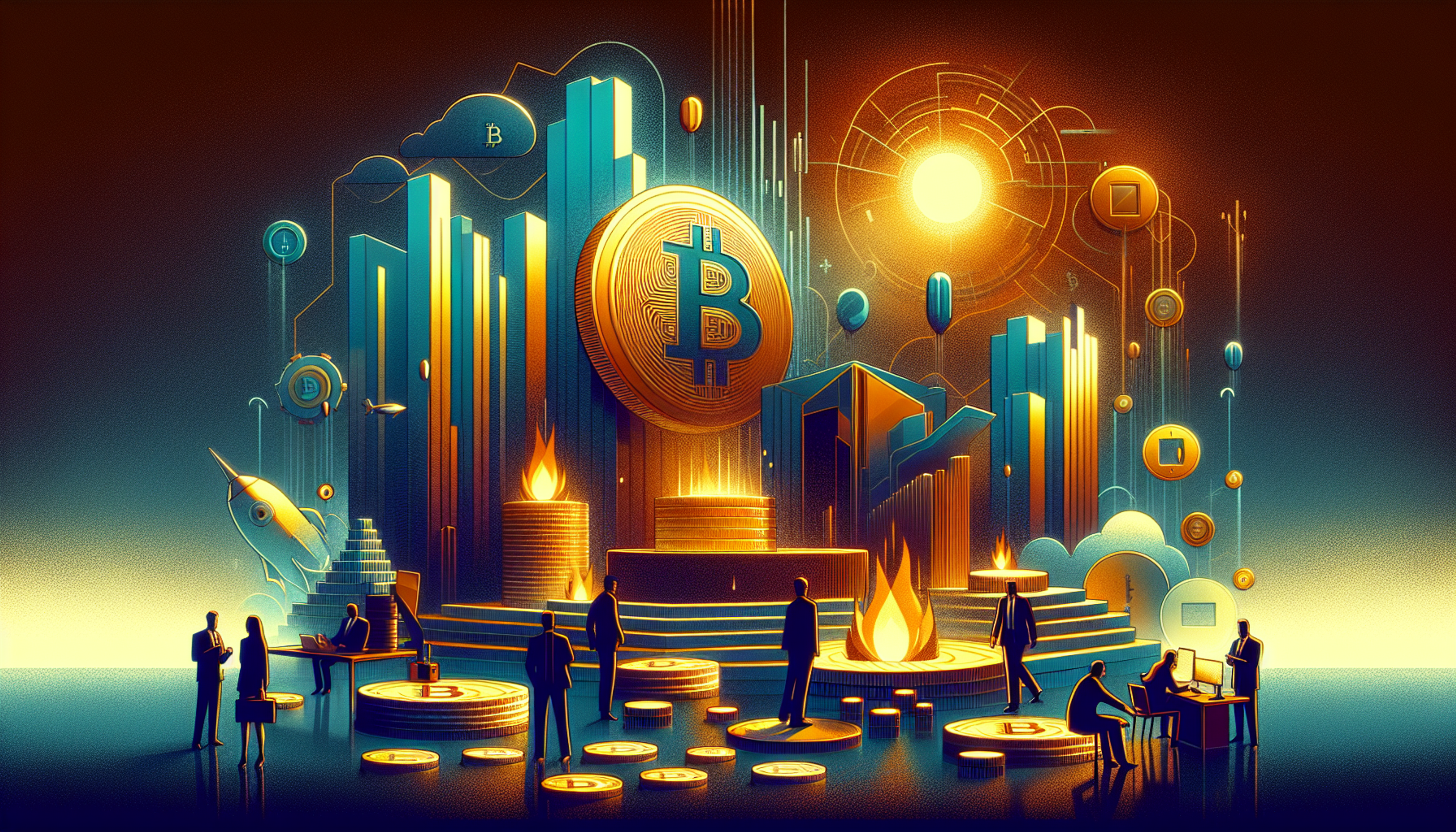 A stylized digital scene featuring large Bitcoin