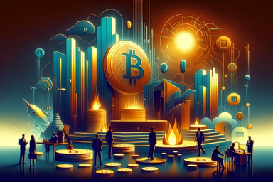 A stylized digital scene featuring large Bitcoin