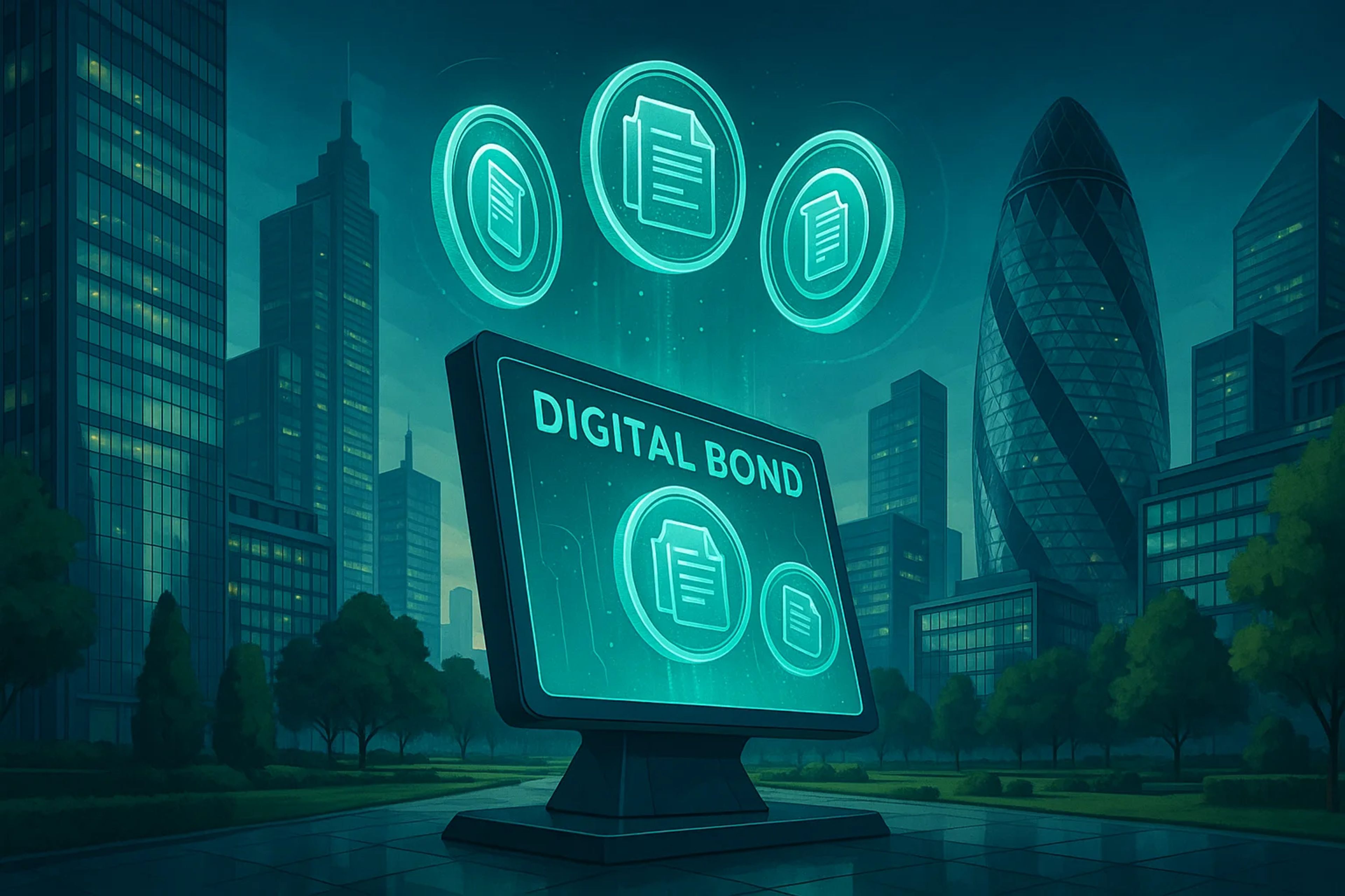 Futuristic cityscape with a glowing computer