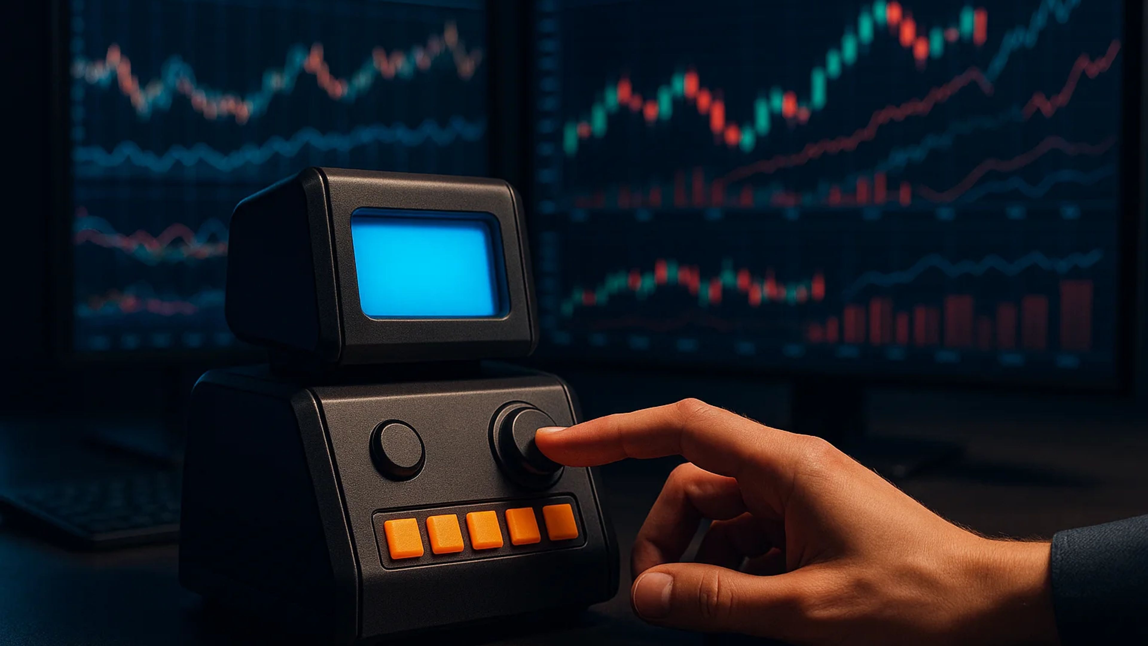 A hand adjusting a retro-style control panel with