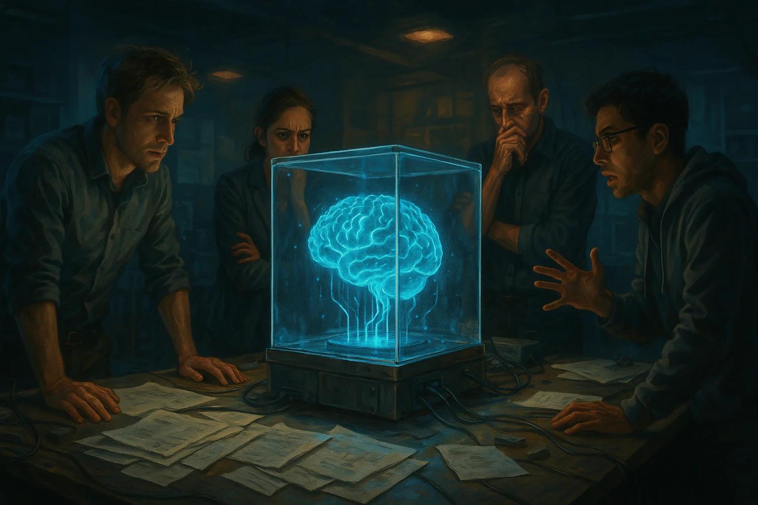 Four people gathered around a glowing blue brain
