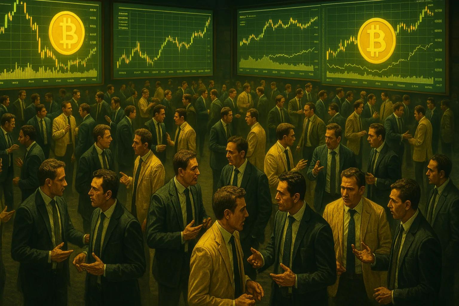 A crowded room with many men in suits discussing