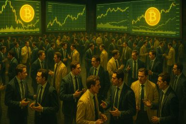 A crowded room with many men in suits discussing