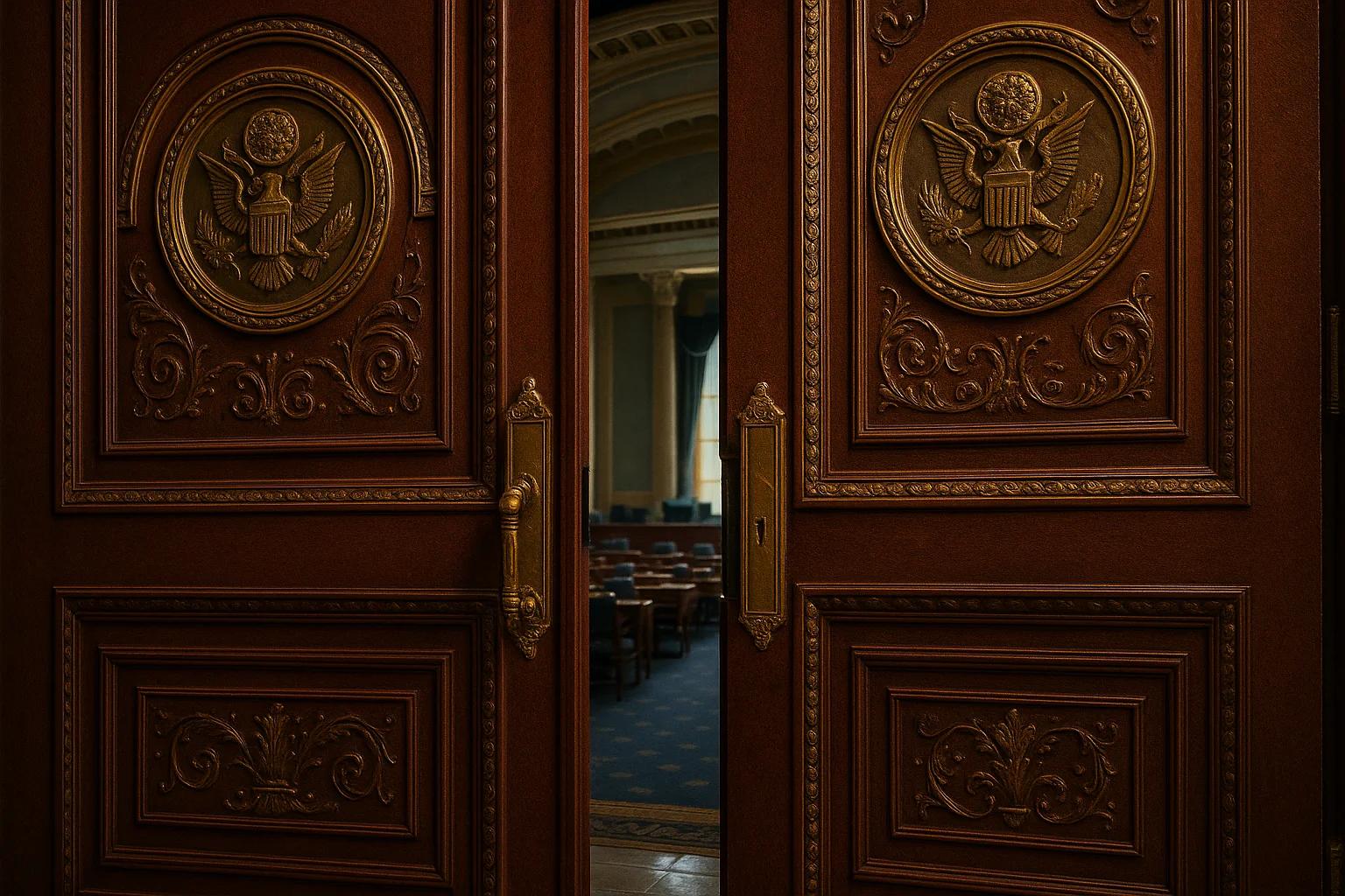 Ornate wooden doors with eagle emblems, slightly