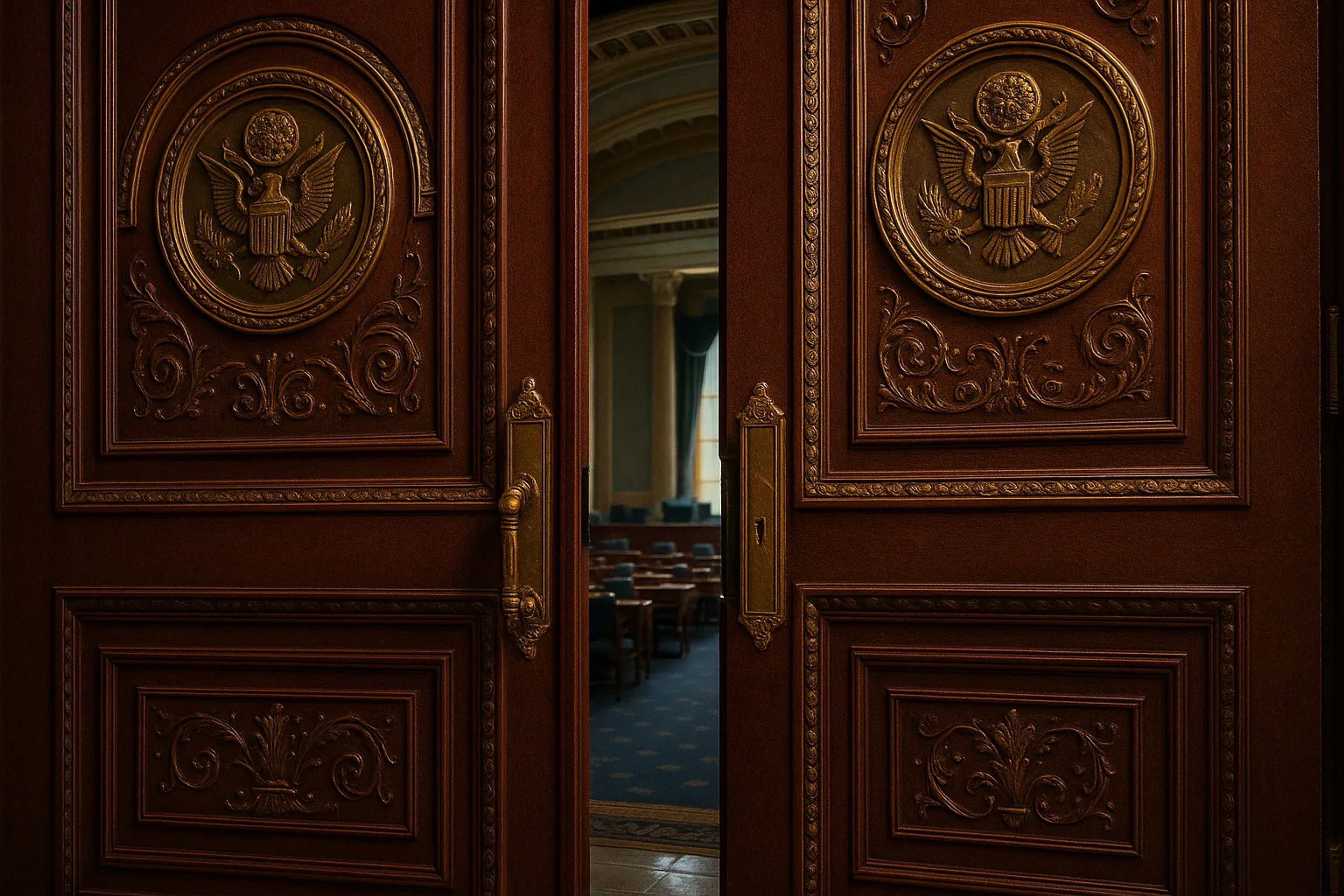 Ornate wooden doors with eagle emblems, slightly