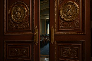 Ornate wooden doors with eagle emblems, slightly