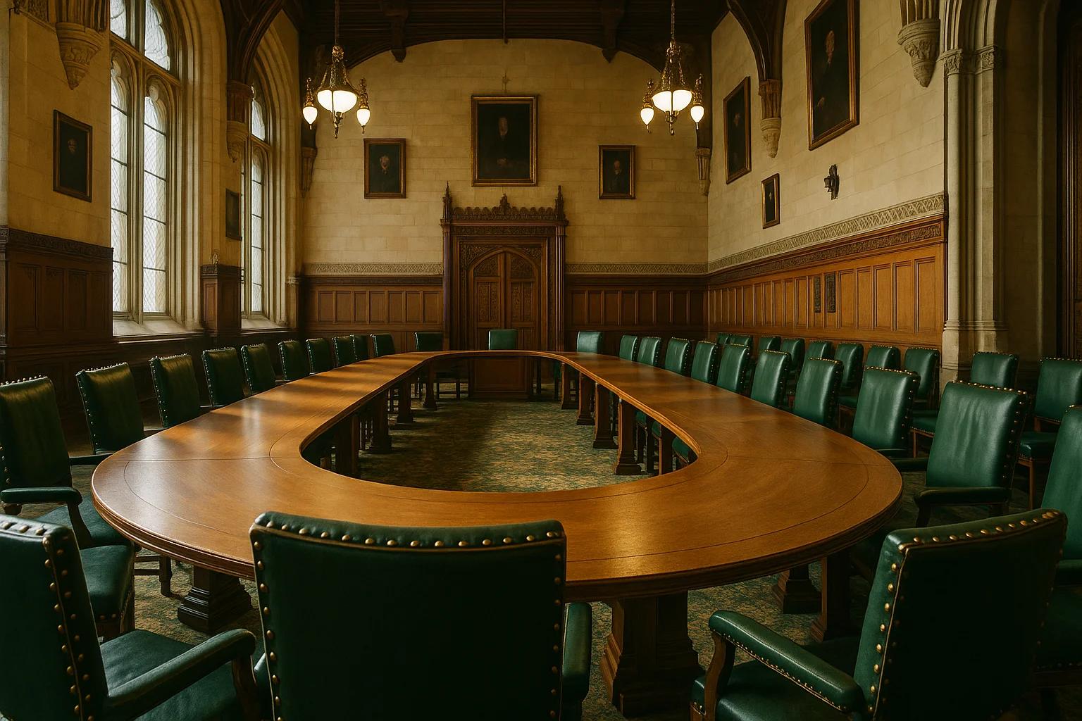 A large wooden conference table surrounded by