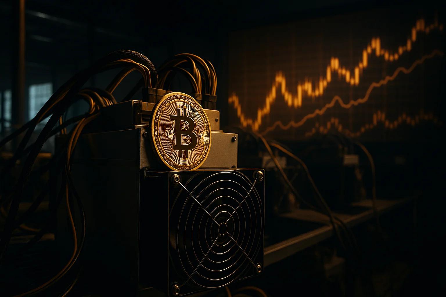 A Bitcoin coin resting on a mining machine with