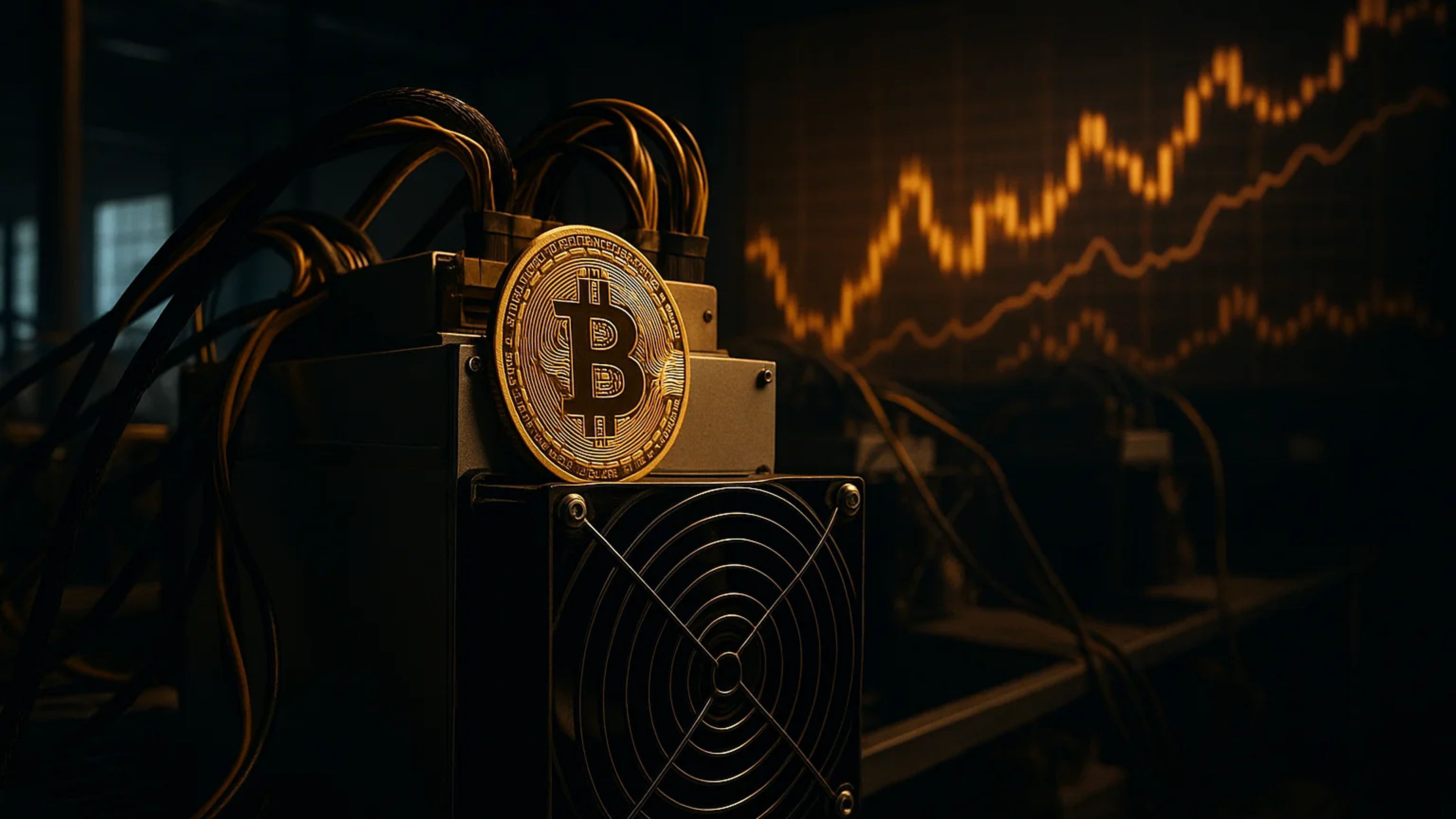 A Bitcoin coin resting on a mining machine with