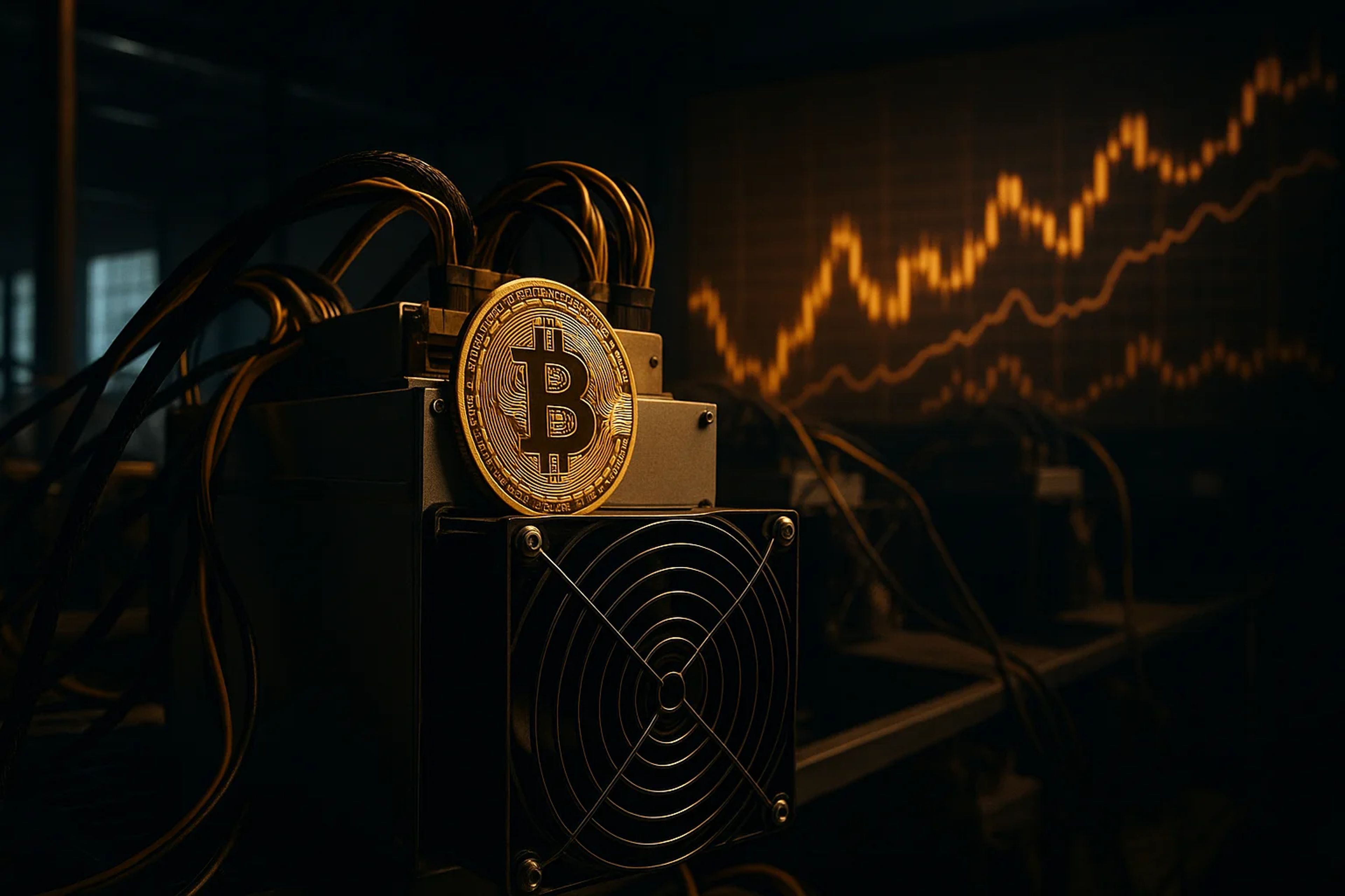 A Bitcoin coin resting on a mining machine with
