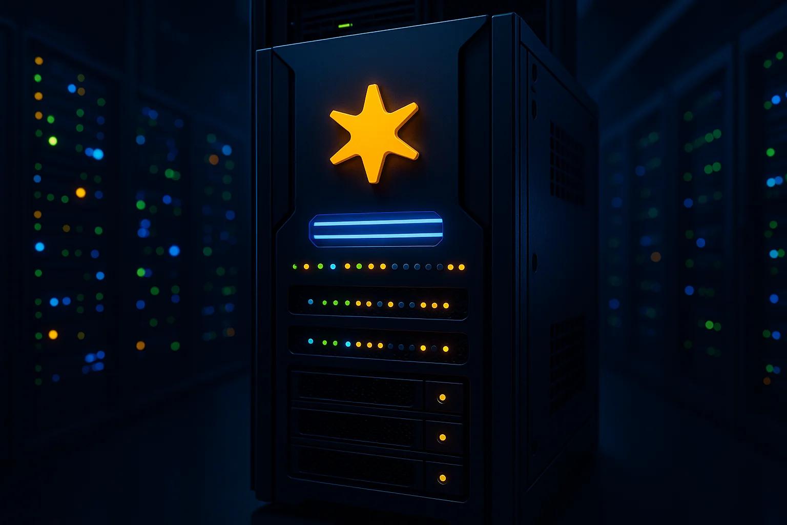 A dark server room with illuminated equipment