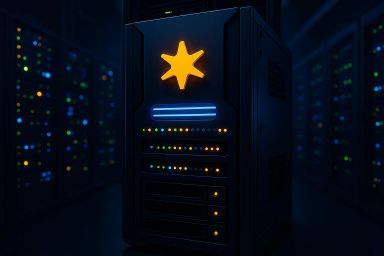 A dark server room with illuminated equipment