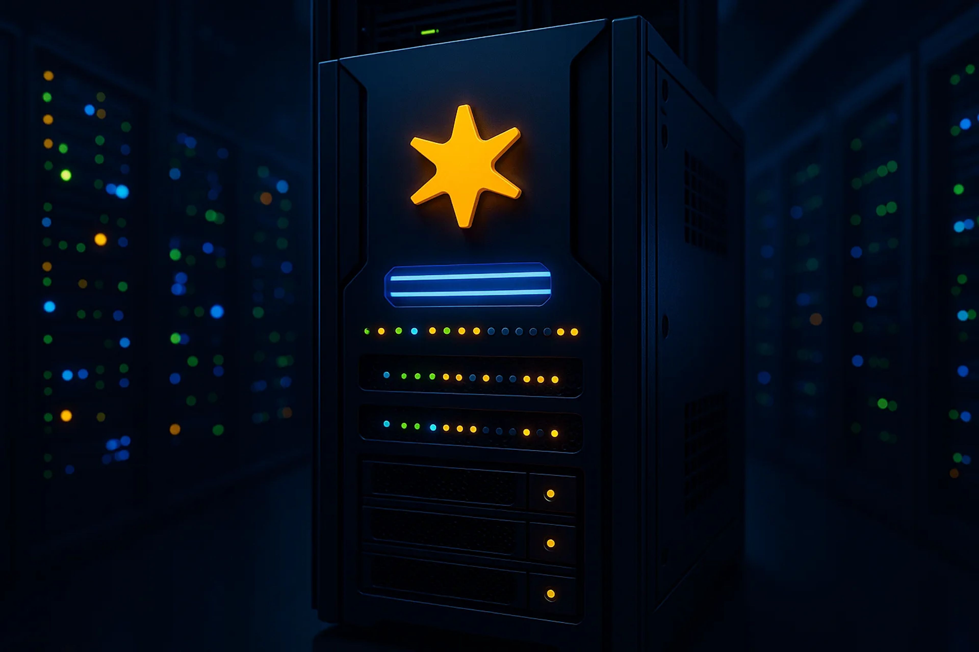 A dark server room with illuminated equipment