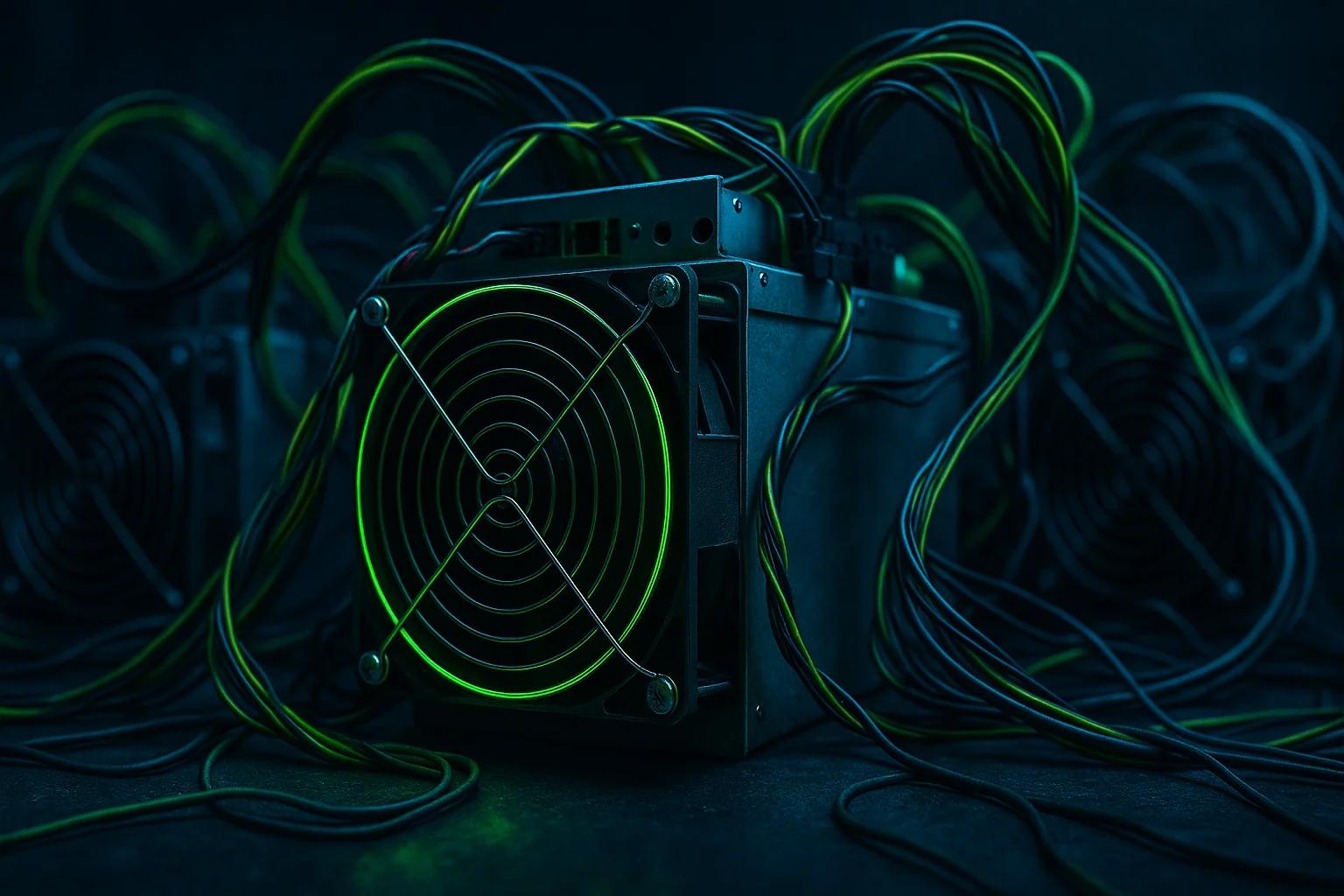 A dark setting with a mining rig surrounded by