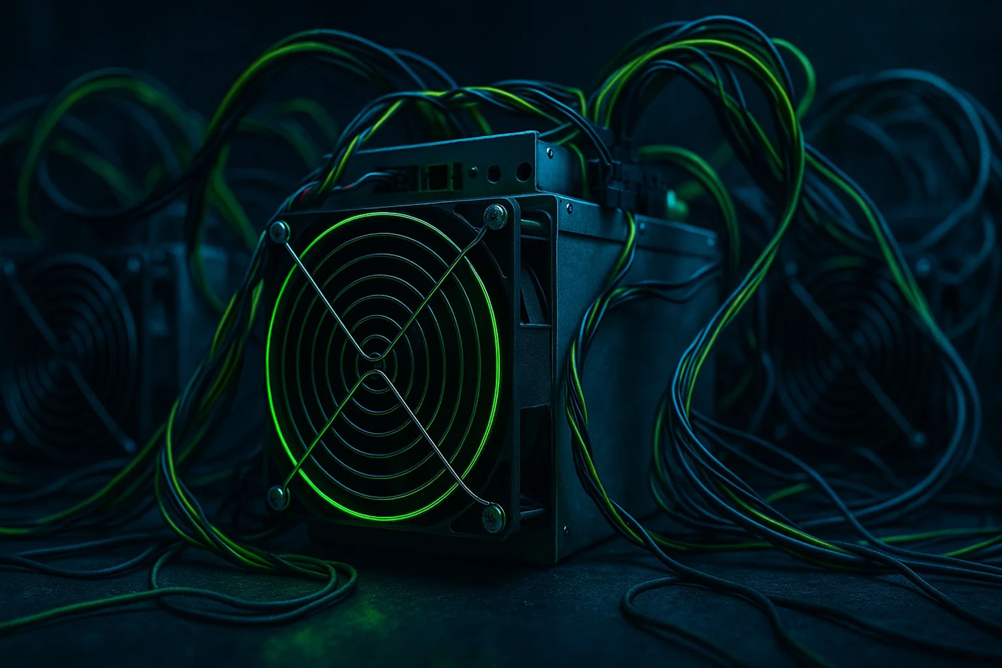 A dark setting with a mining rig surrounded by