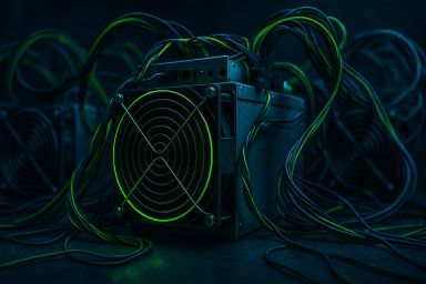A dark setting with a mining rig surrounded by
