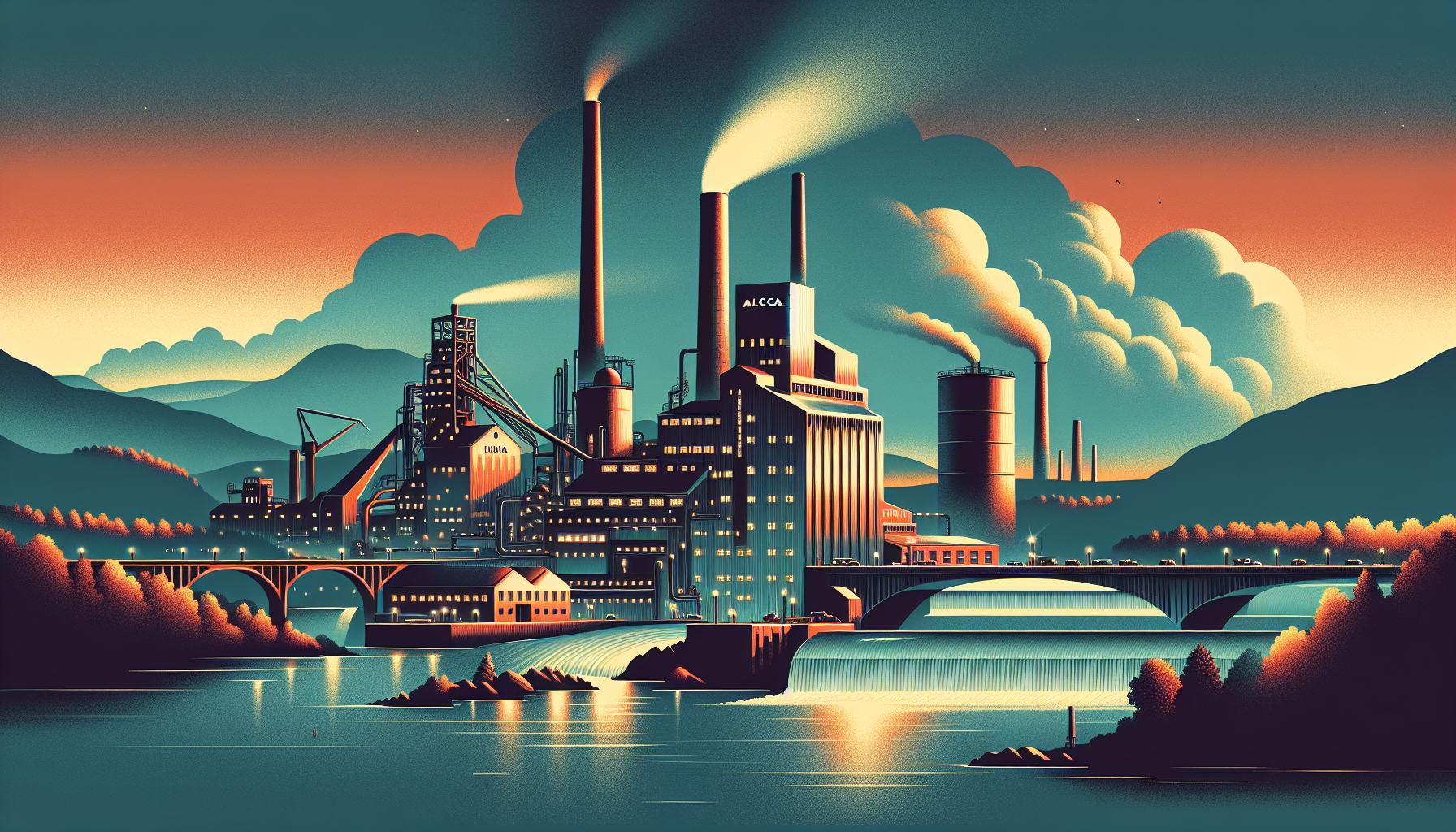 A stylized industrial landscape at sunset