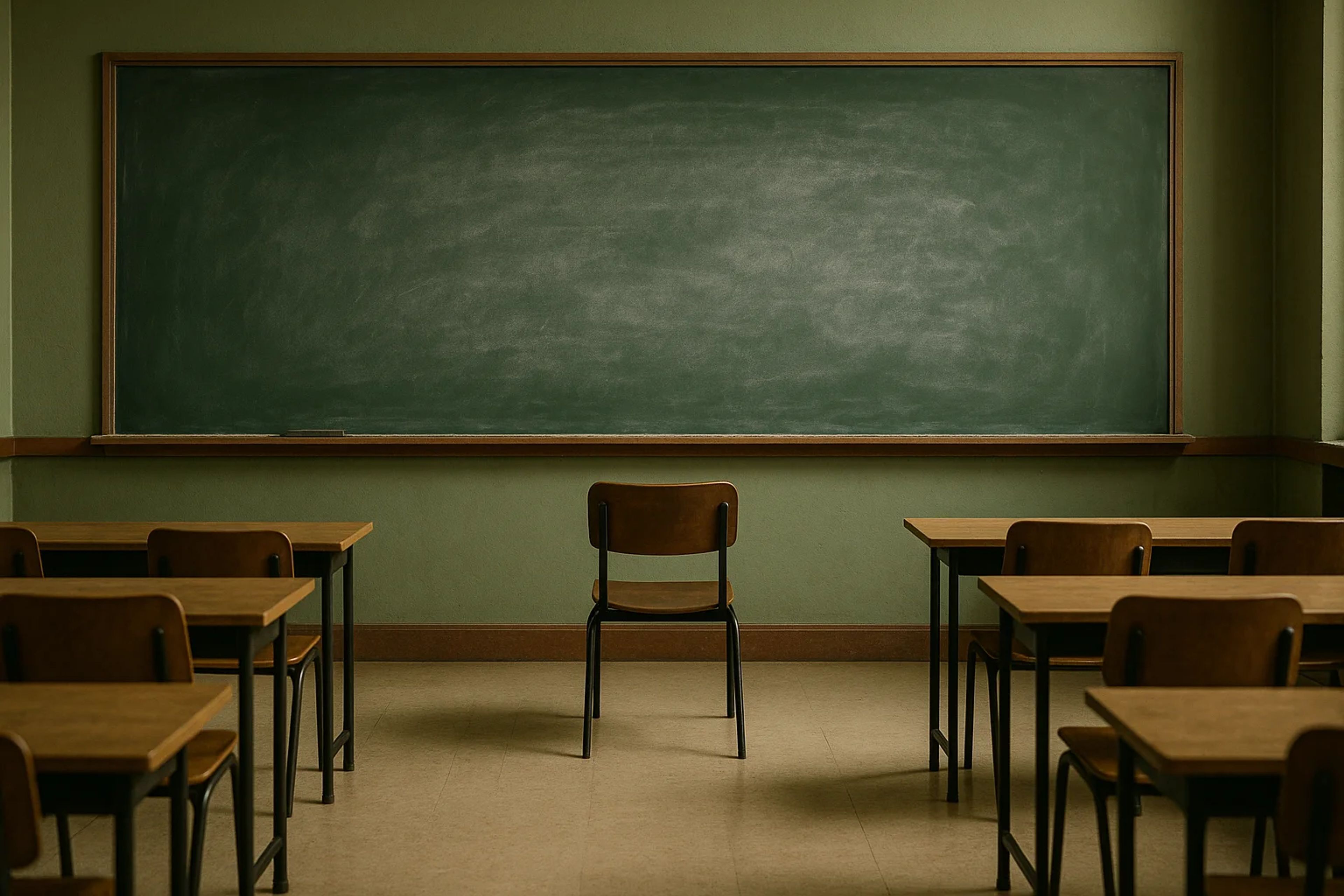Empty classroom with a single chair facing a