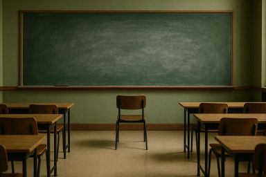 Empty classroom with a single chair facing a