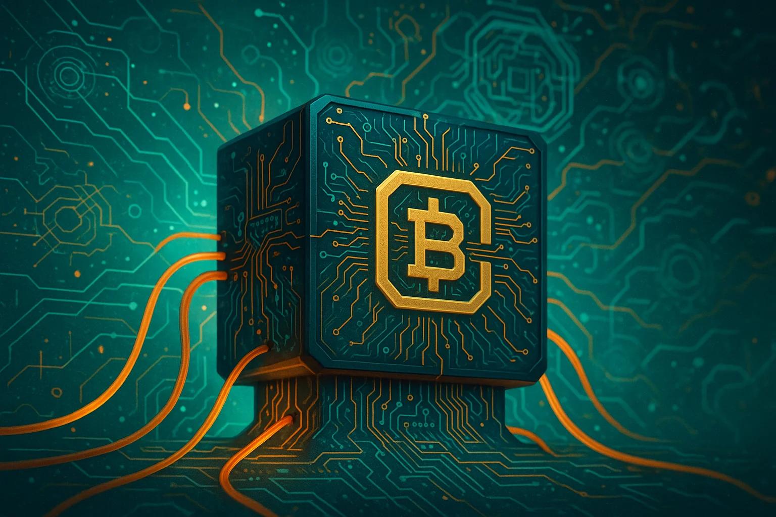 A digital cube with a Bitcoin symbol, surrounded