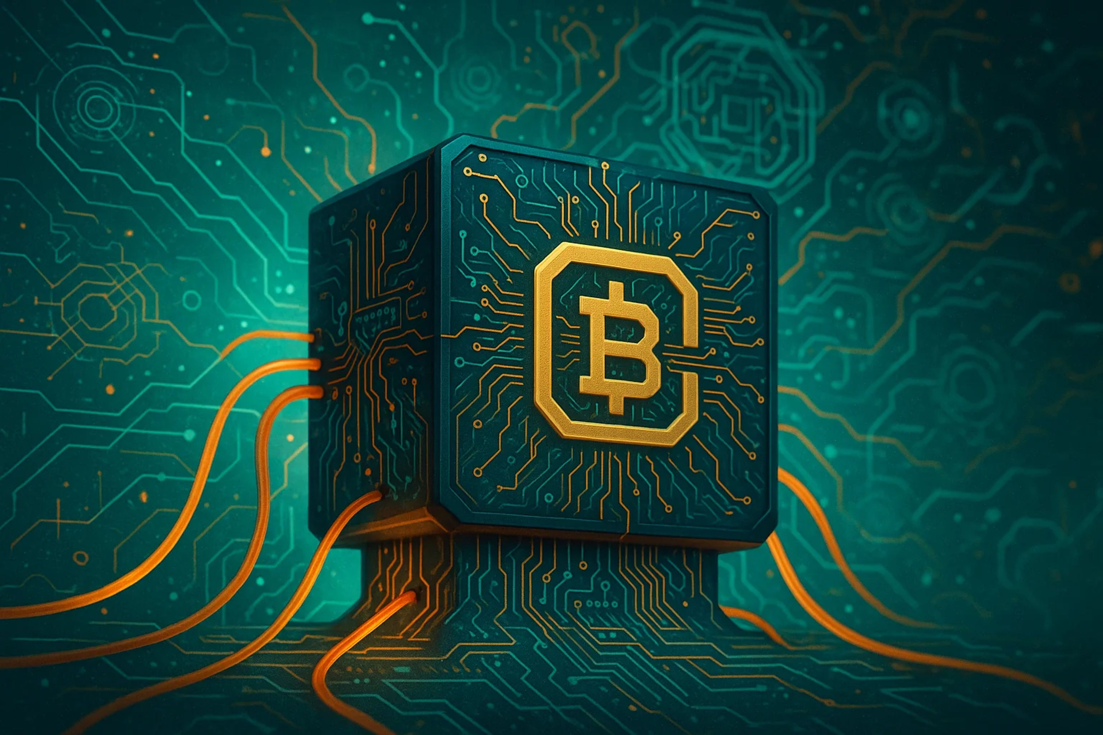 A digital cube with a Bitcoin symbol, surrounded
