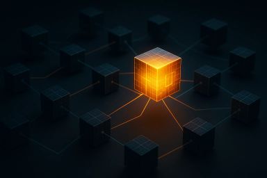 A glowing orange cube at the center of a network