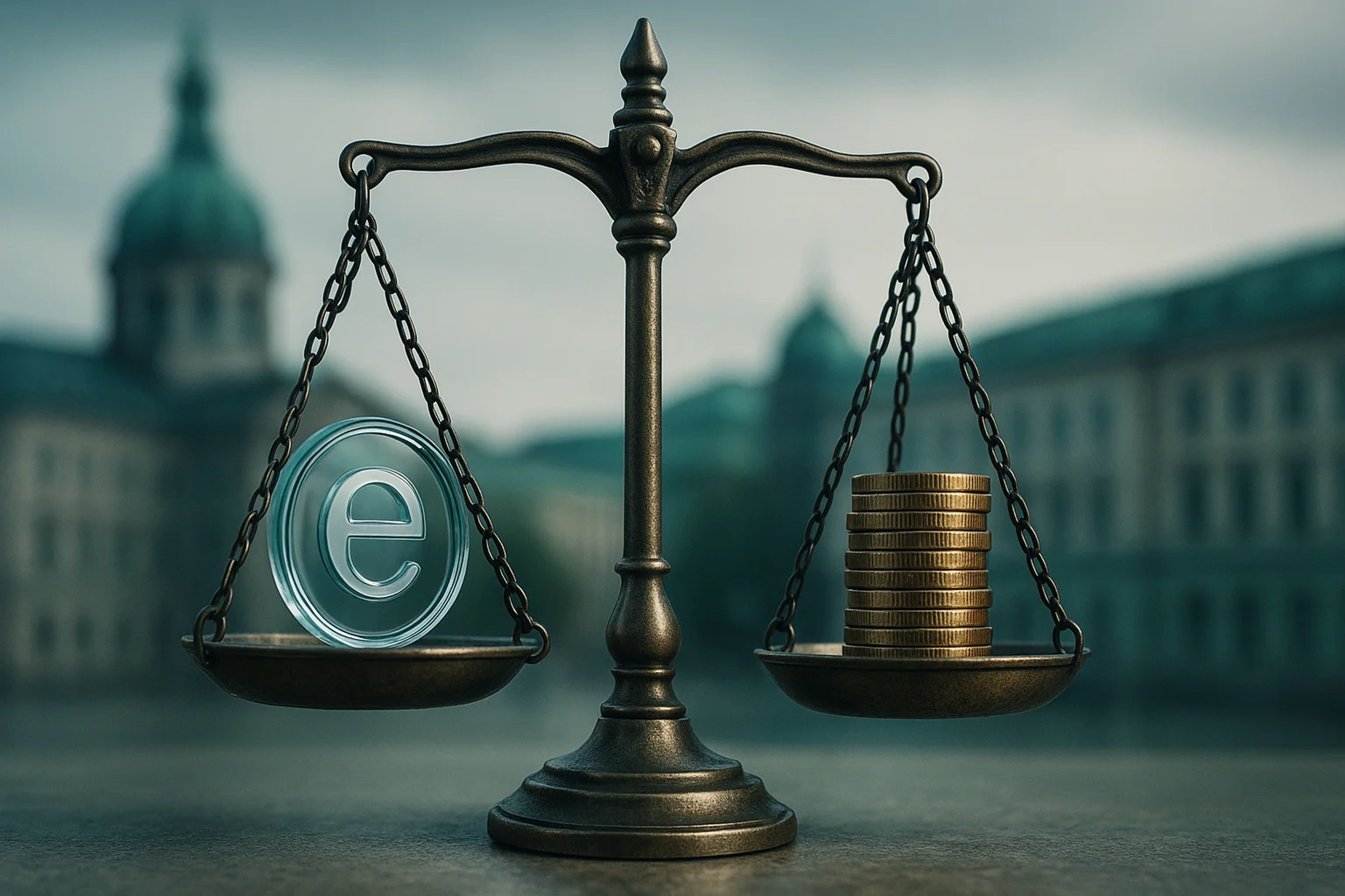 A balance scale with a digital coin on one side