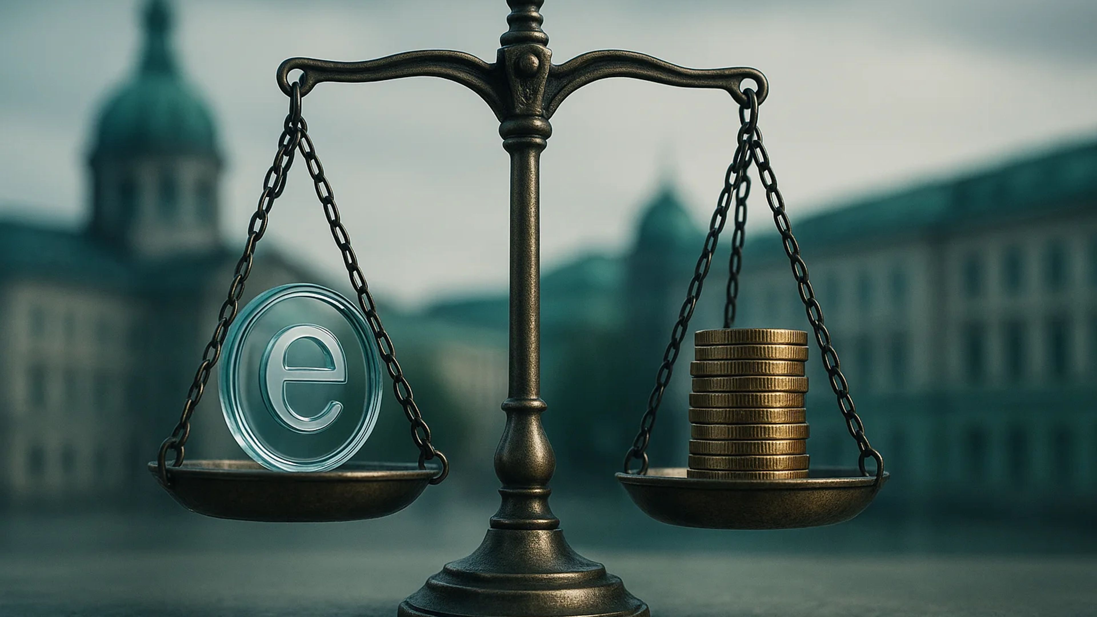 A balance scale with a digital coin on one side