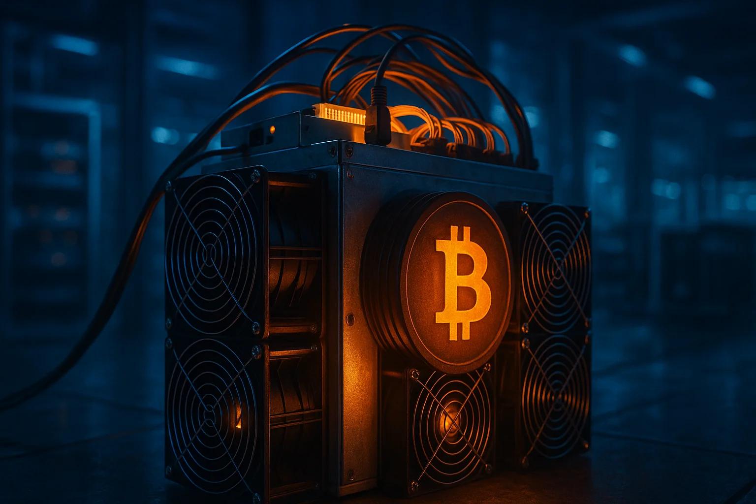A Bitcoin mining rig with glowing fans in a dark