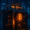 A Bitcoin mining rig with glowing fans in a dark
