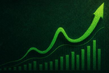 Green upward trend graph with bars and lines
