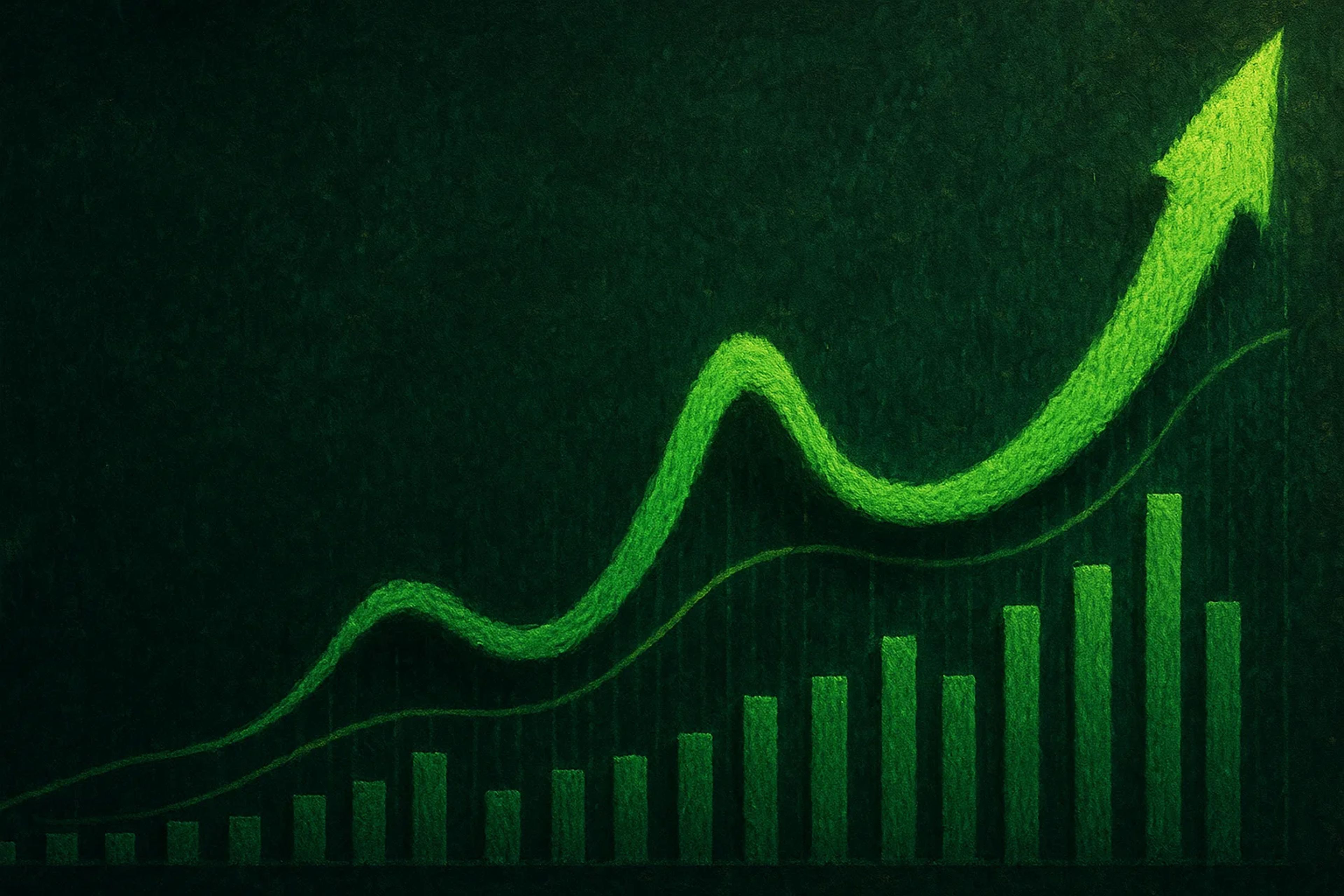 Green upward trend graph with bars and lines