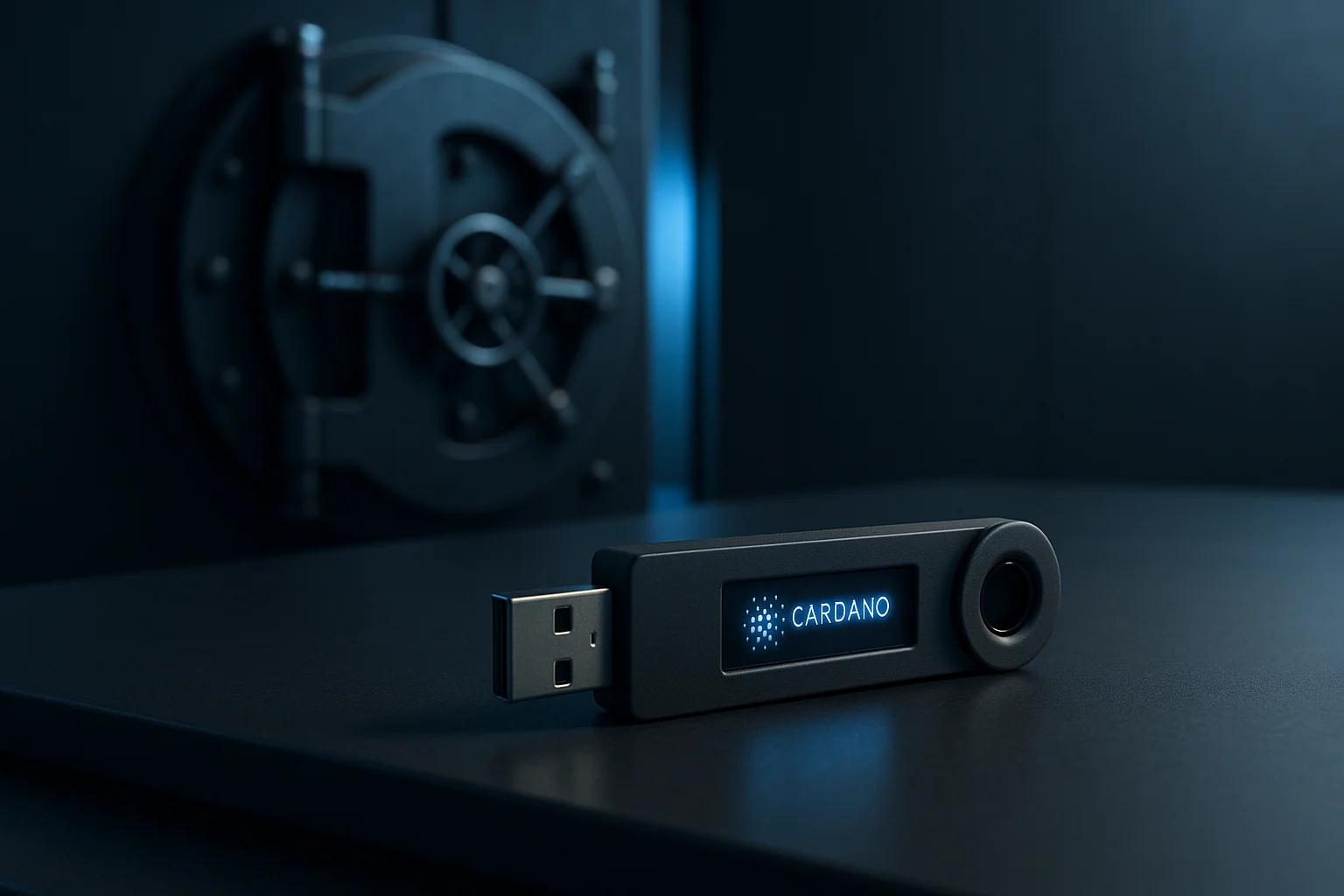 A USB device on a dark table with a safe in the