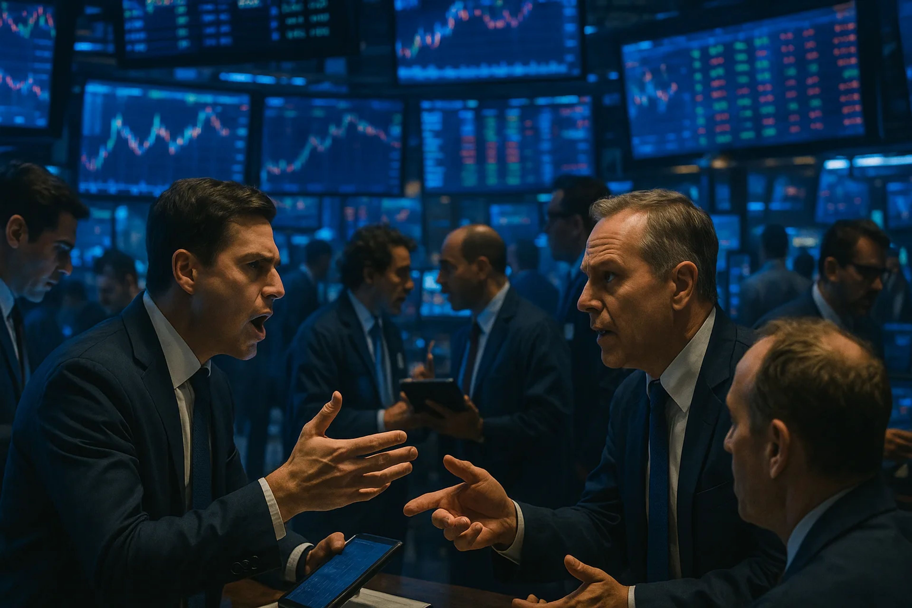 Two men in suits arguing at a trading floor
