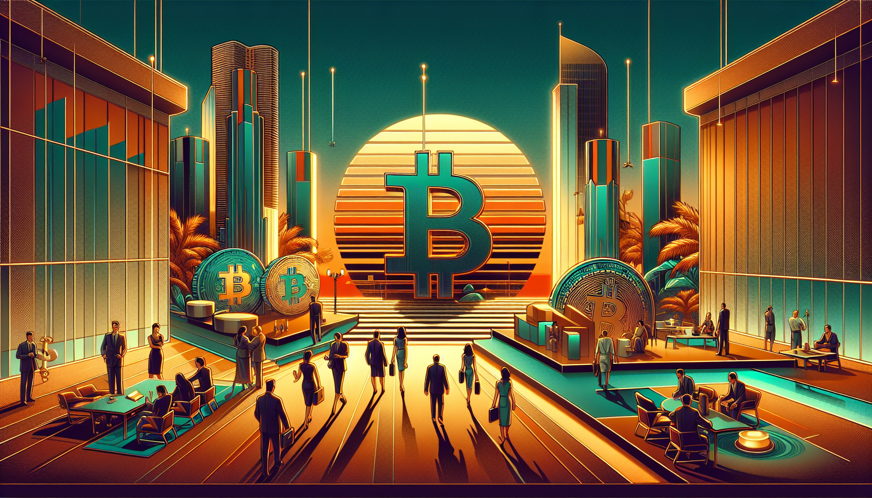 Futuristic cityscape with Bitcoin symbols and
